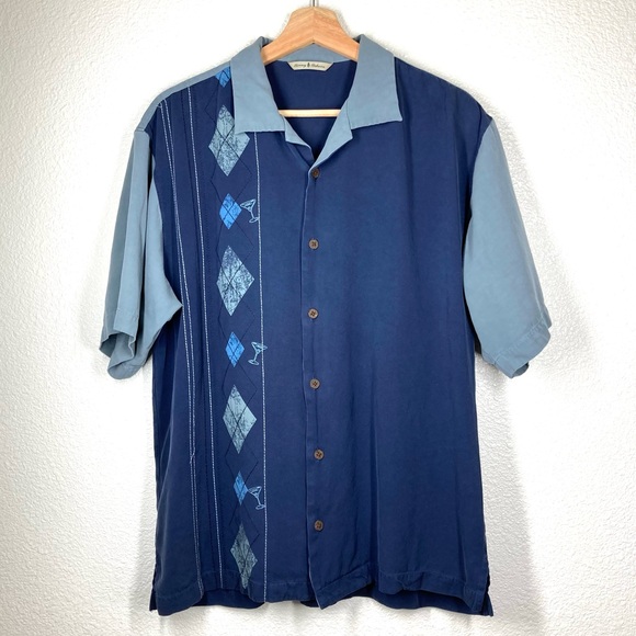 Tommy Bahama Silk Shirt Medium Martini Glass Argyle Silk Button Down Blue - Picture 3 of 13